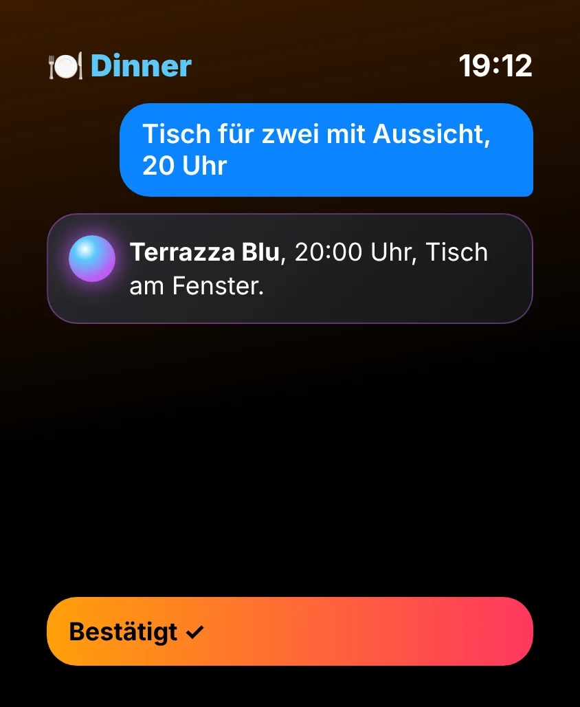 G Bot – Dinner: Terrazza Blu, 20:00 Uhr, Tisch am Fenster. Bestätigt ✓