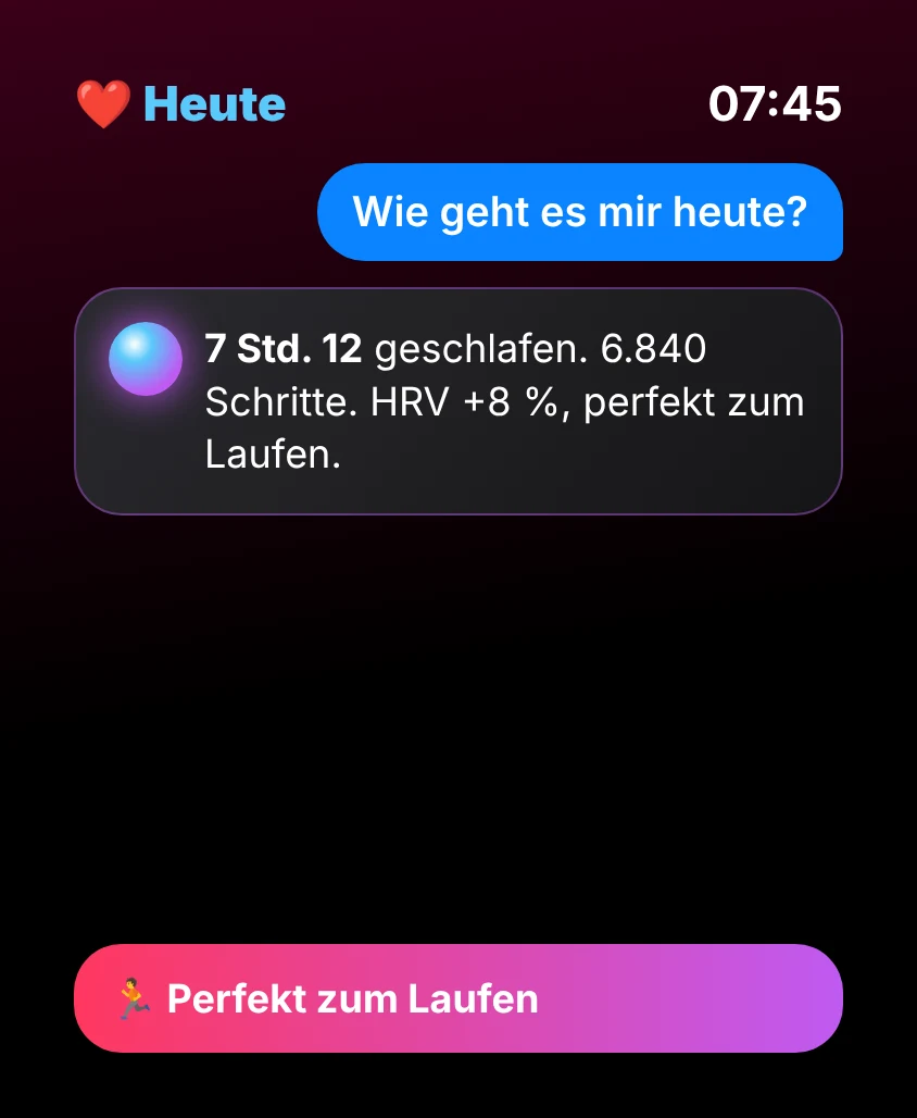 G Bot – Heute: 7 Std. 12 geschlafen. 6.840 Schritte. HRV +8 %, perfekt zum Laufen. 🏃 Perfekt zum Laufen