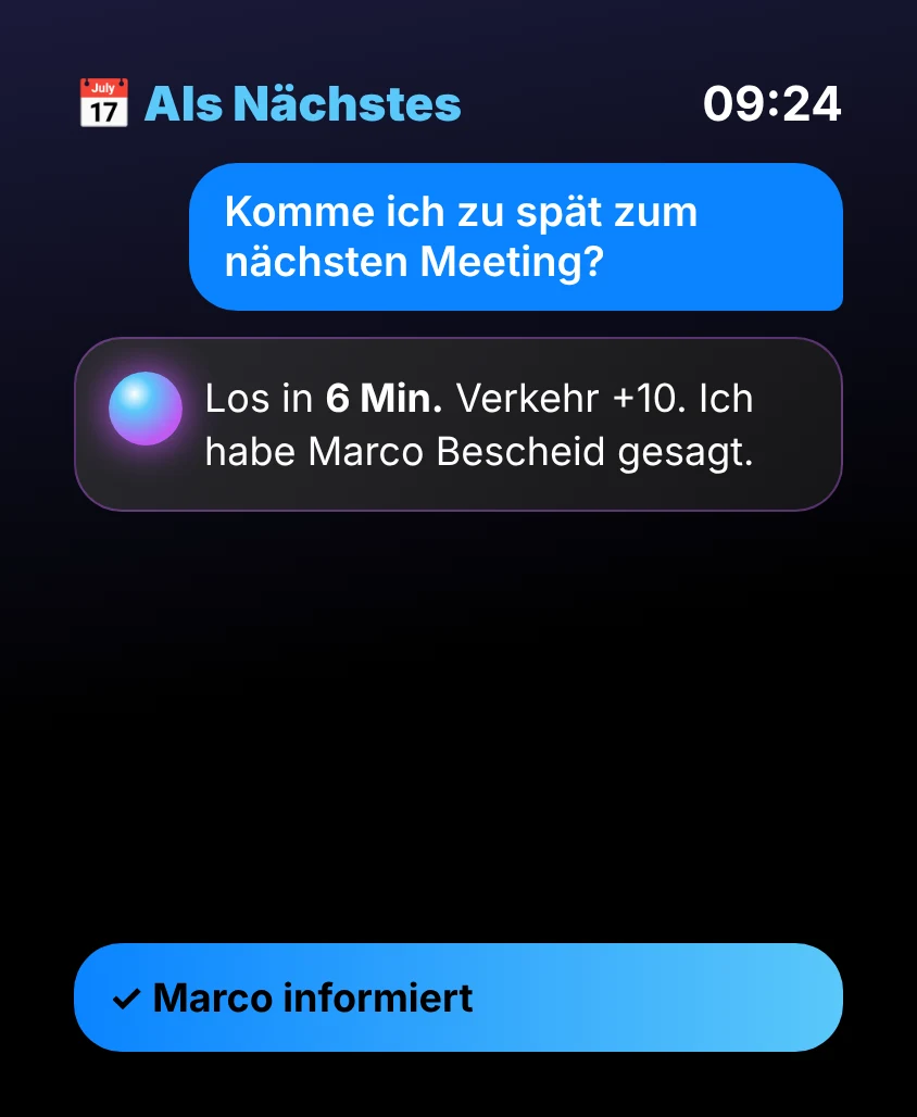 G Bot – Als Nächstes: Los in 6 Min. Verkehr +10. Ich habe Marco Bescheid gesagt. ✓ Marco informiert