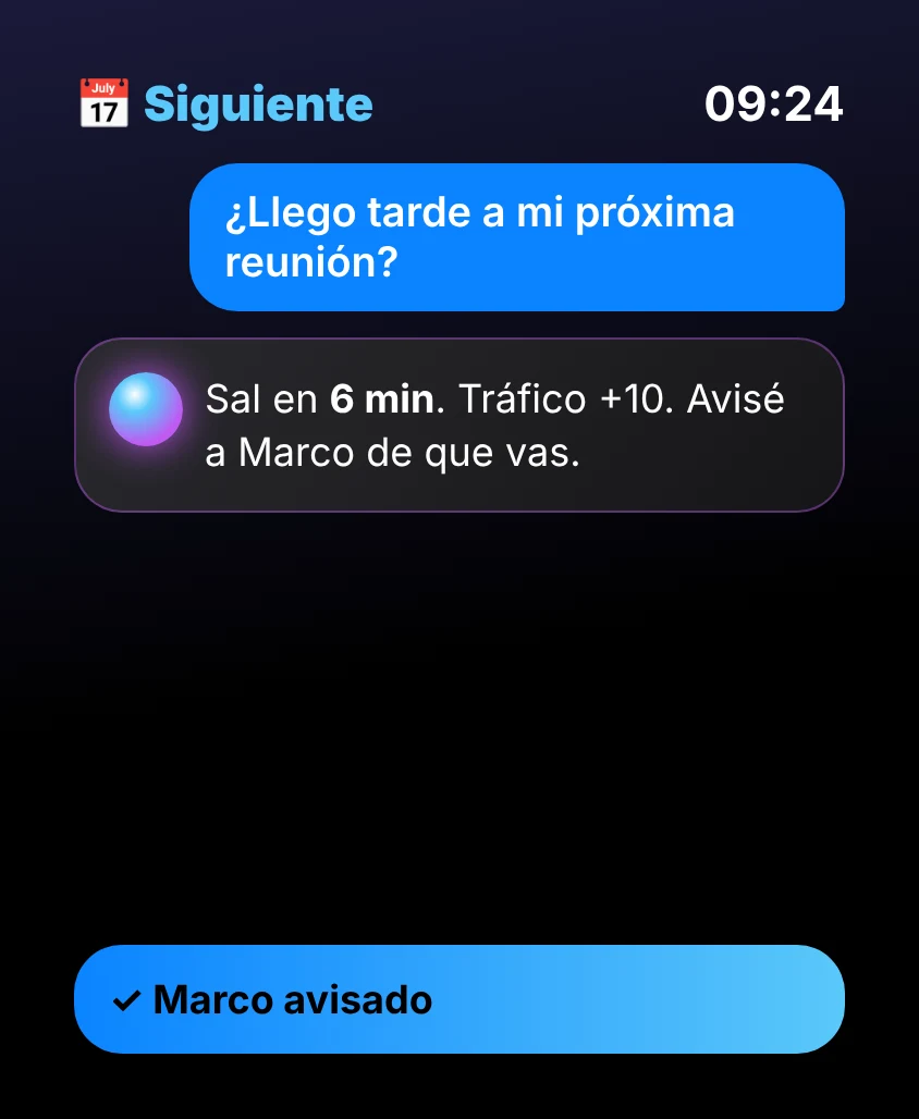 G Bot – Siguiente: Sal en 6 min. Tráfico +10. Avisé a Marco de que vas. ✓ Marco avisado