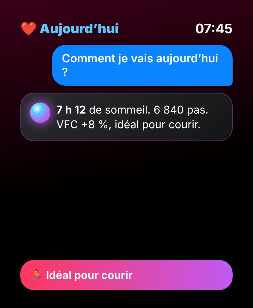 G Bot – Aujourd’hui: 7 h 12 de sommeil. 6 840 pas. VFC +8 %, idéal pour courir. 🏃 Idéal pour courir