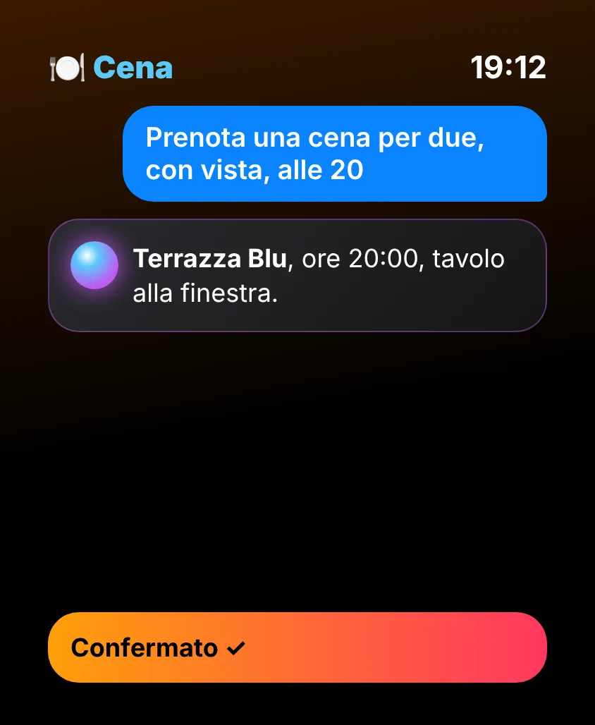 G Bot – Cena: Terrazza Blu, ore 20:00, tavolo alla finestra. Confermato ✓