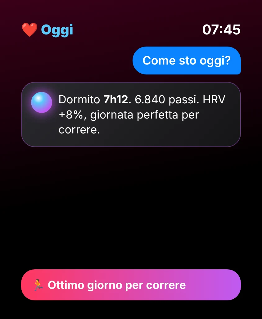 G Bot – Oggi: Dormito 7h12. 6.840 passi. HRV +8%, giornata perfetta per correre. 🏃 Ottimo giorno per correre