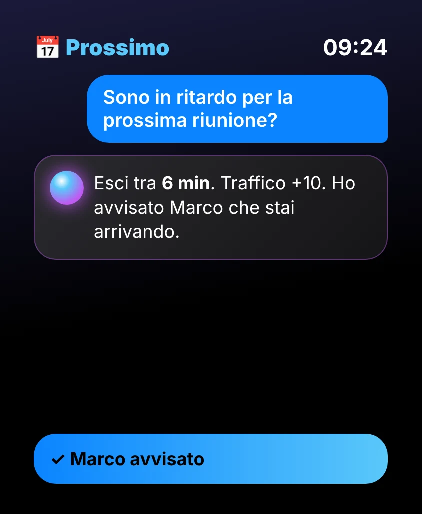 G Bot – Prossimo: Esci tra 6 min. Traffico +10. Ho avvisato Marco che stai arrivando. ✓ Marco avvisato