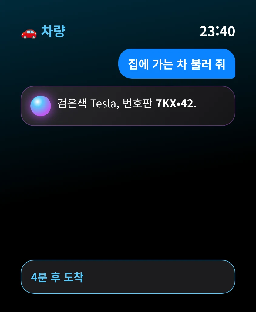 G Bot – 차량: 검은색 Tesla, 번호판 7KX•42. 4분 후 도착